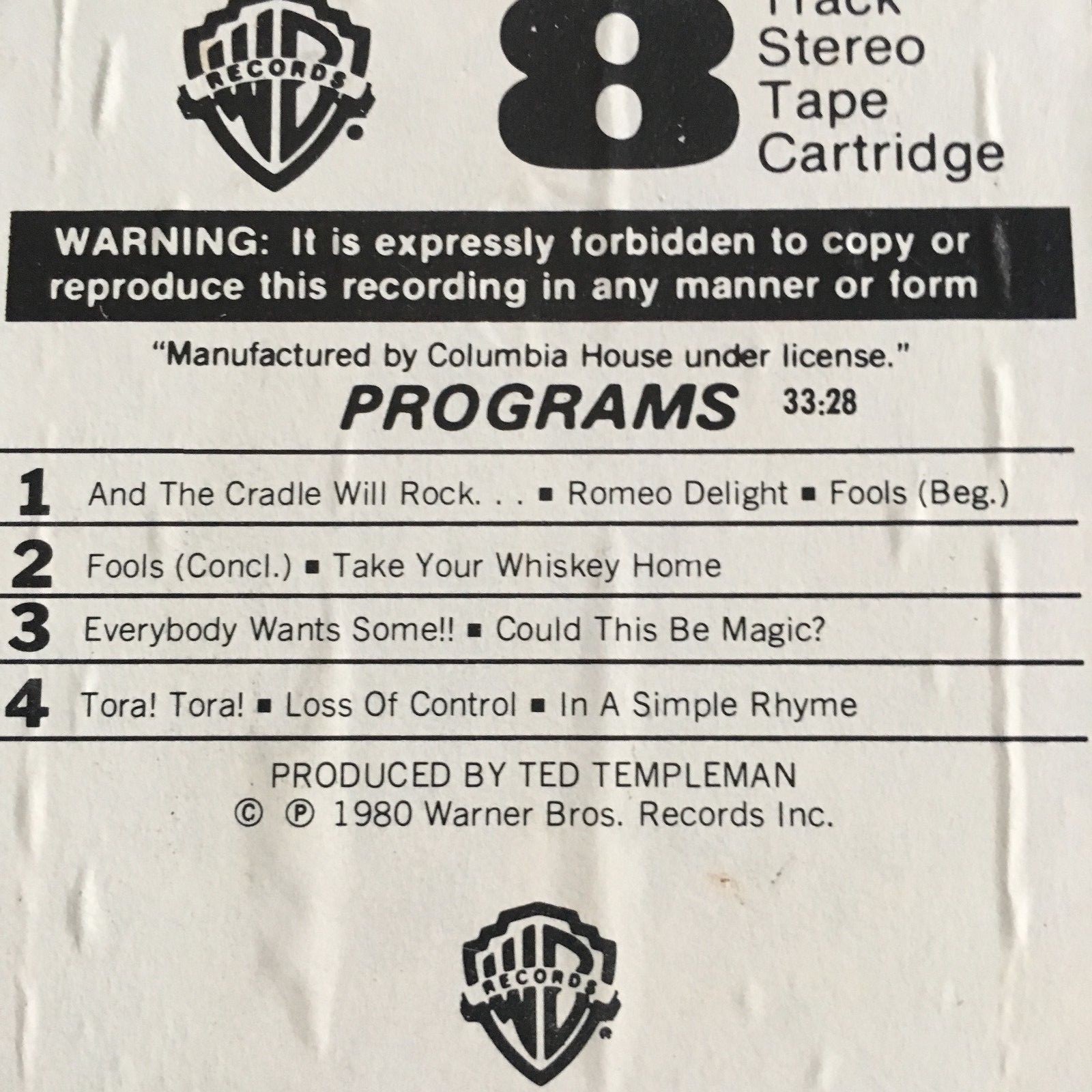 Van Halen Woman And Children First 8 Track tape  Tested We ship international