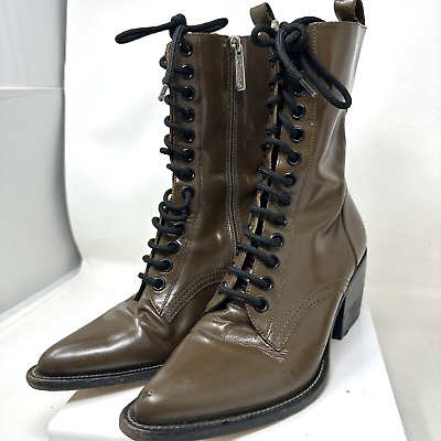 CHLOE Rylee Boots Womens 9 41 Patent Leather Pointed Cuban Heel Lace Up Runway