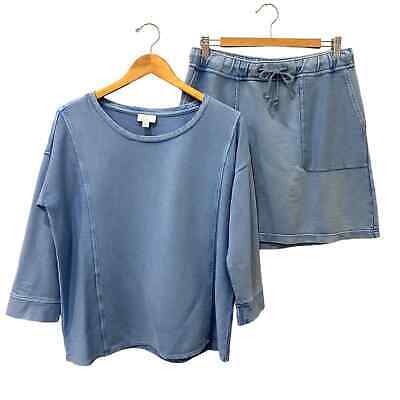 J. Jill Skirt Top Set Women's Medium Blue Cotton Pull On 3/4 Sleeves Relaxed Fit