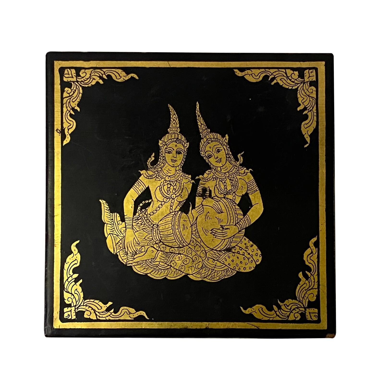 Black Golden Thai Lady Graphic Square Storage Accent Box ws2639S Black Golden Thai Lady Graphic Square Storage Accent Box ws2639S