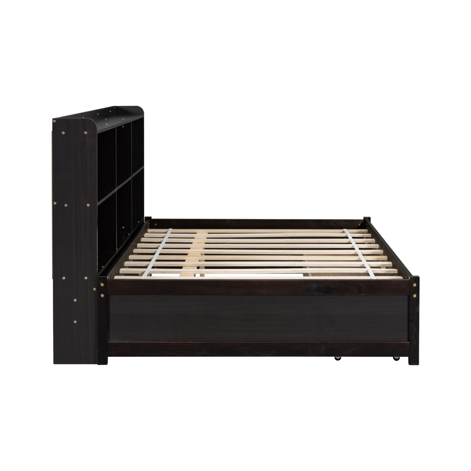 Full Size Bed Frame with Side Bookcase Shelves Drawers Wooden Slatted Espresso