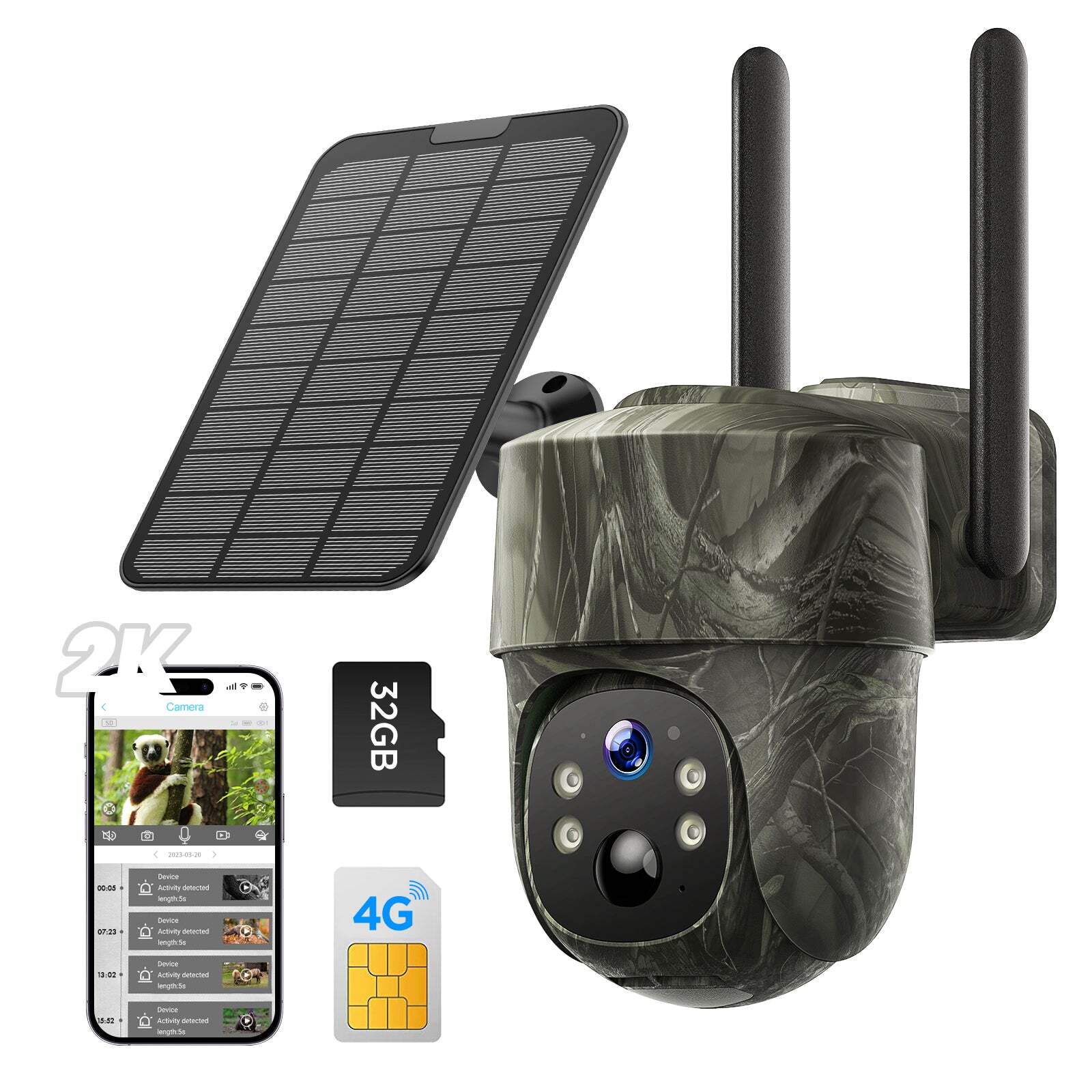 4G LTE Solar Trail Camera 2K PTZ Hunting Game Security Camera IP66 with SIM Card