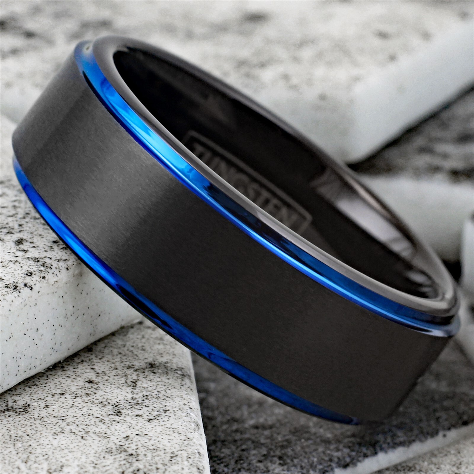 Personalized Engraved 8mm Men's Tungsten Carbide Black & Blue Brushed Band Ring