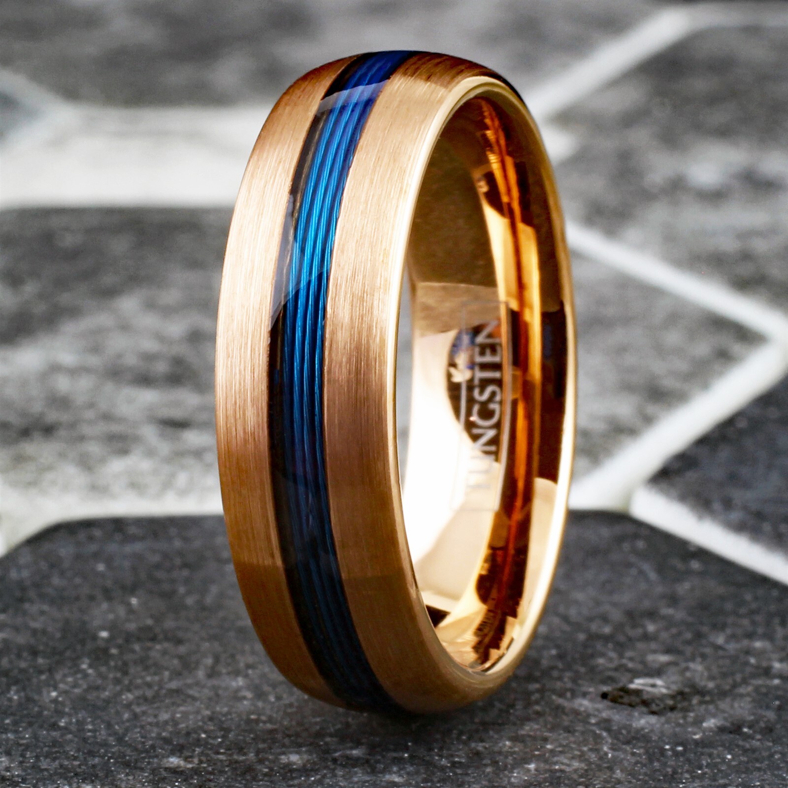 Tungsten Carbide Blue Fishing Line 7mm Brushed Band - Black or Rose Gold Plated