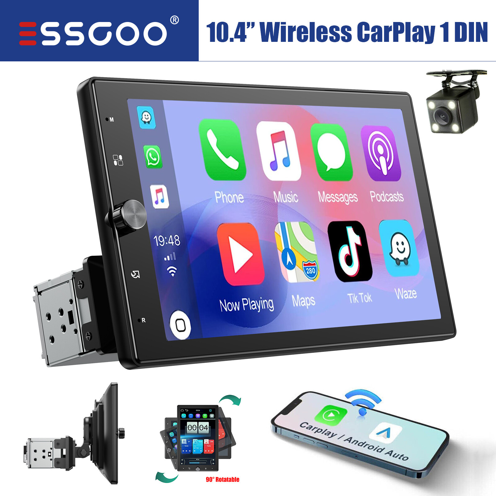 1 DIN 10.4" Car Stereo Wireless CarPlay/Android Auto MP5 Rotatable Screen Camera