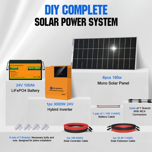 ECO-WORTHY 1200W Watt Solar Panel Kit Complete System 24V 100ah Lithium Battery