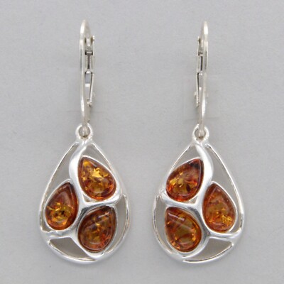 Cognac / Brown Drop BALTIC AMBER Leverback Earrings 925 STERLING SILVER #1506e