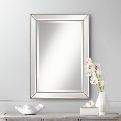 Roseau Rectangular Wall Mirror Modern Beveled Beaded Silver Frame 24'' Wide House