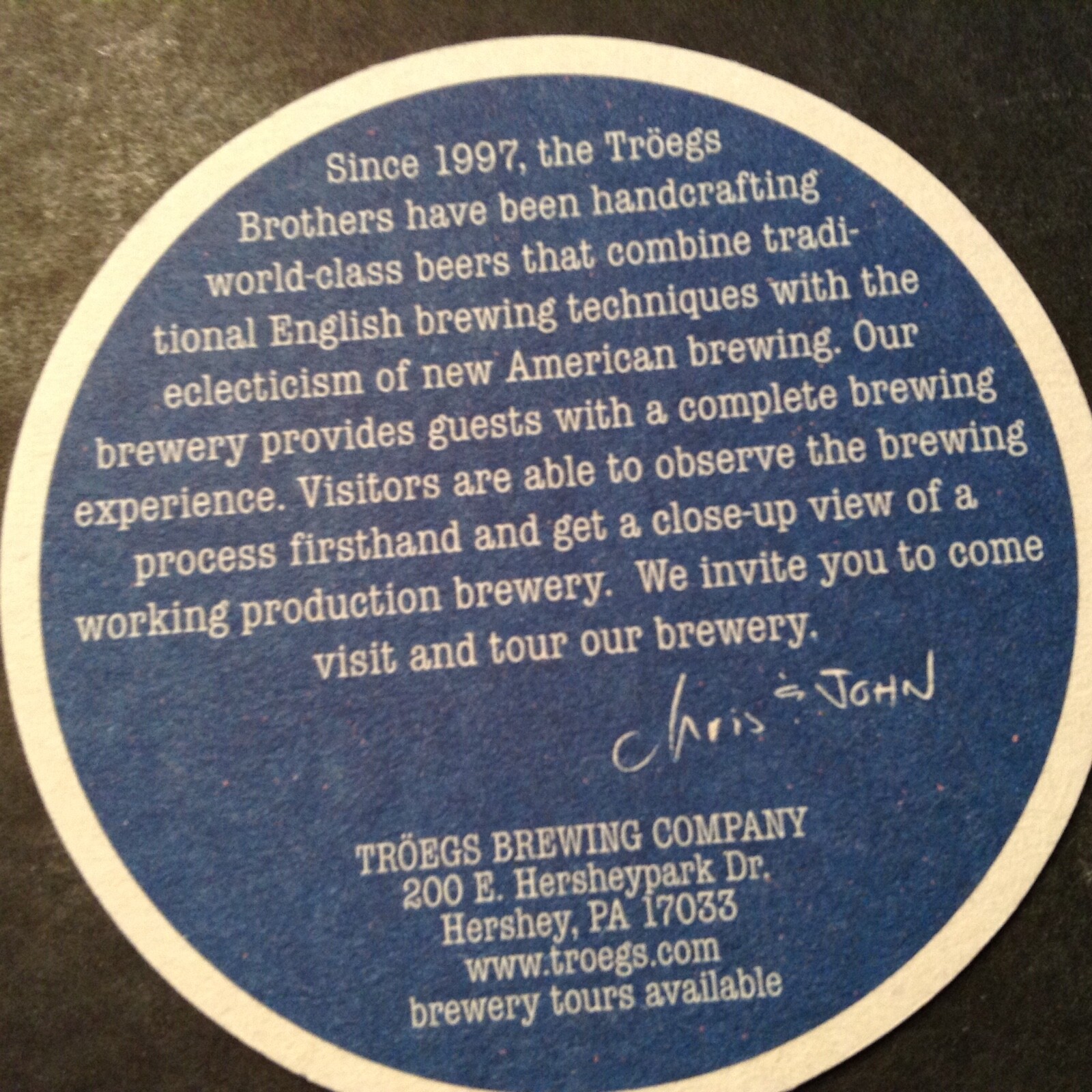 Beer Memorabilia Coaster/Mat TROEGS BREWING CO. Hersey, PA
