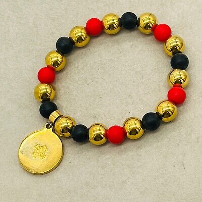 Rustic Cuff Oreo Cookie Logo Dangle Red Black Gold Beaded Stretch Bracelet