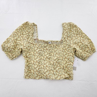 BP. Womens Size Small Linen Blend Puff Sleeve Smocked Back Crop Top