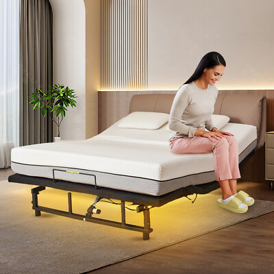 King Size Adjustable Bed Frame with Remote, 4 Ports USB, Under-Bed Nightlight