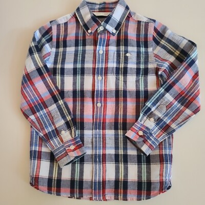 Janie & Jack Boys Long Sleeves Navy/Red/White Plaid Linen Blend Shirt  Sz 5 NWOT