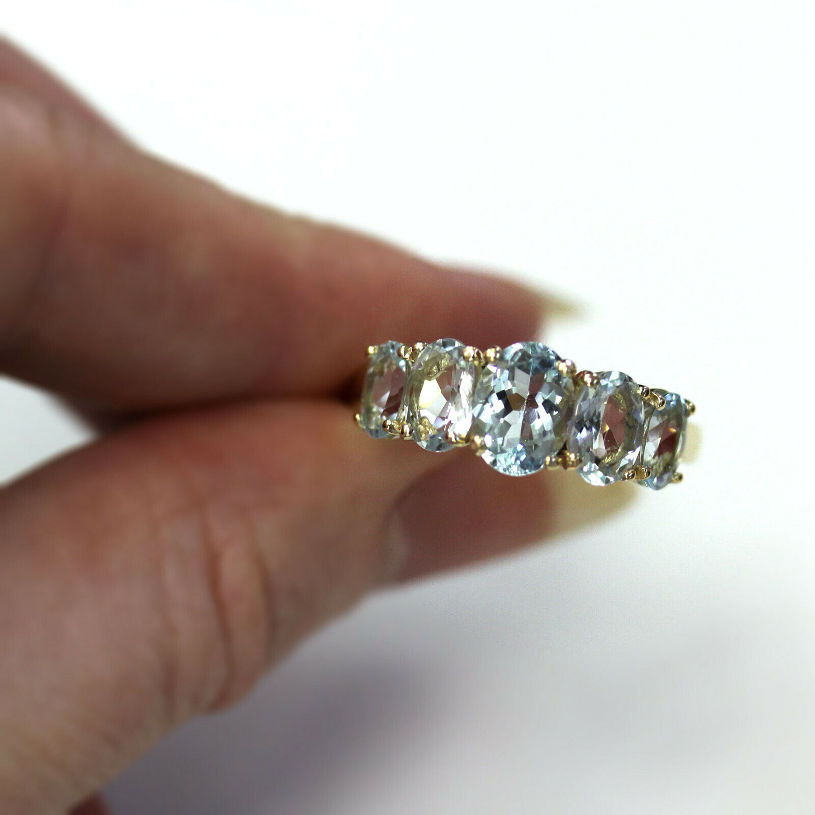 Pre-owned Jewelry By Arsa 3 Ctw Natural Blue Aquamarine Solid 14k Yellow Gold Five Stone Graduated Ring