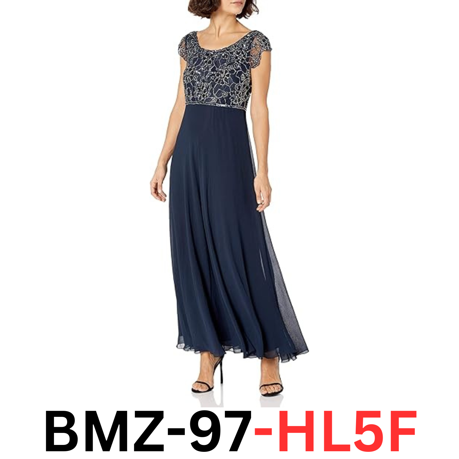 J Kara Women's Petite Long Dress with Flutter Sleeve, Navy/Multi, Size 6P