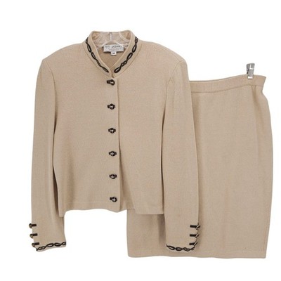 ST JOHN 2- Piece Skirt Jacket Set Vintage Beige Santana Knit Size 12/14 - READ!
