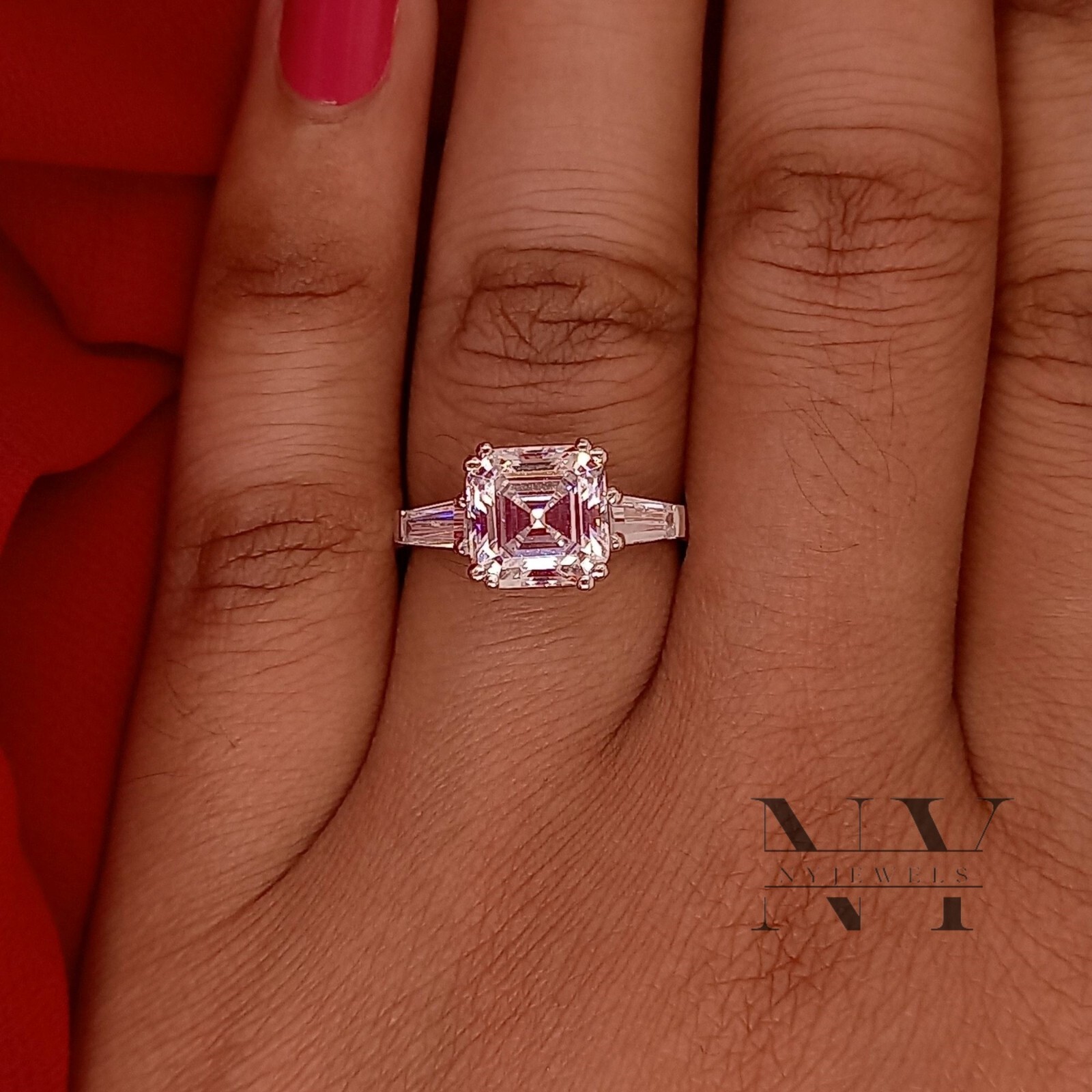 Solid 14K White Gold 3 Carat Asscher Cut Moissanite Solitaire Engagement Ring