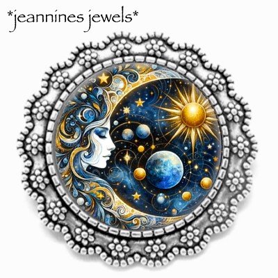 Crescent Moon BROOCH Starry Night Sky Celestial Art Print Silver Lapel Pin