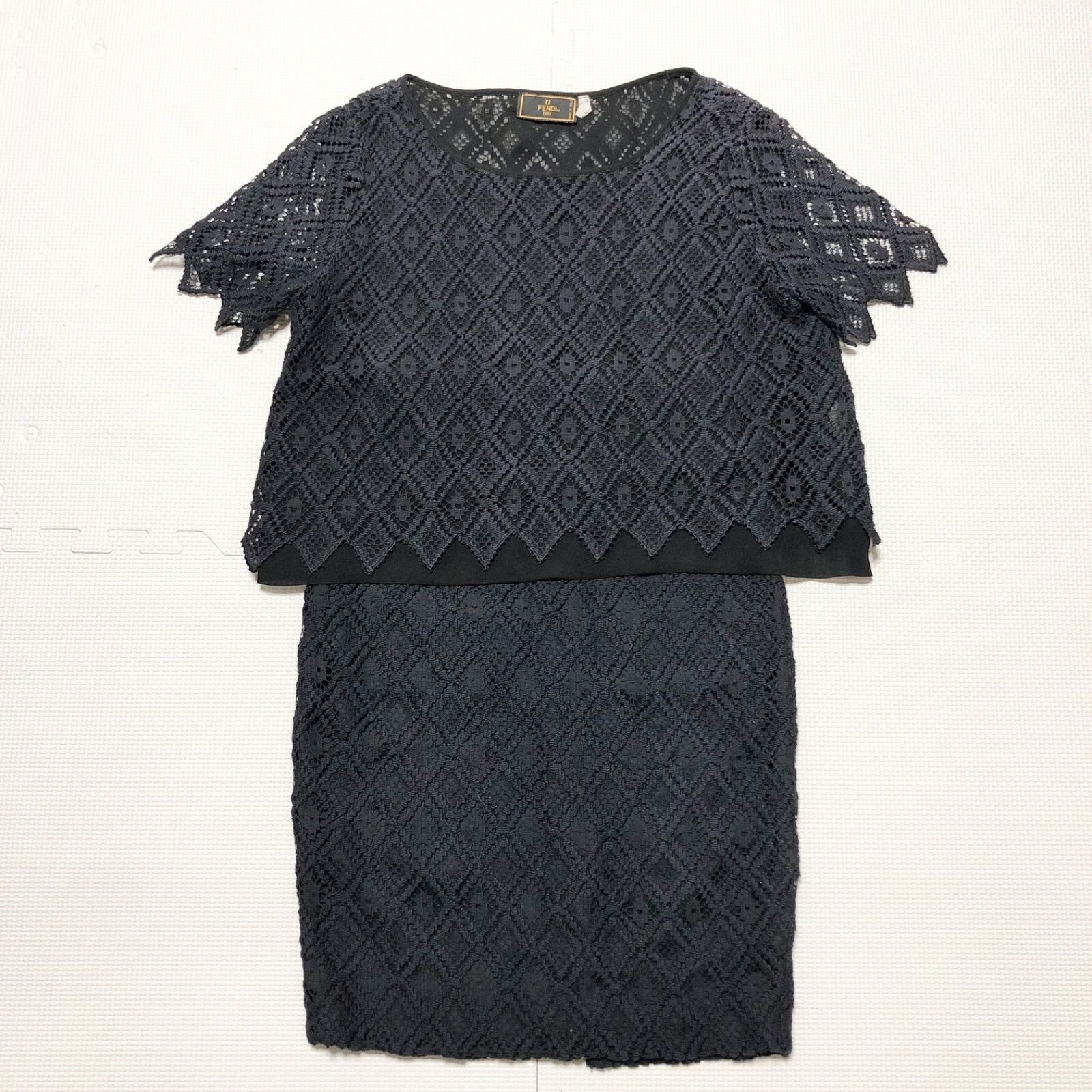 FENDI Total Lace Lattice Pattern Skirt Setup Black Size 44