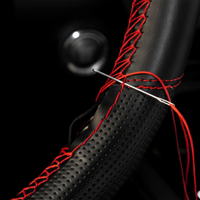 Car Hand Sew Leather Auto Steering Wheel Cover W/ Needle Thread Red Wrap