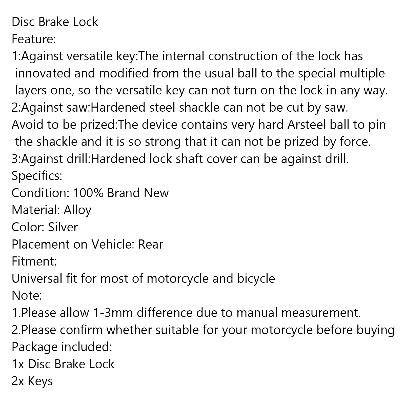 NEW Motorcycle Bicycle Scooter SECURITY LOCK Portable Wheel Disc Brake Lock NEW