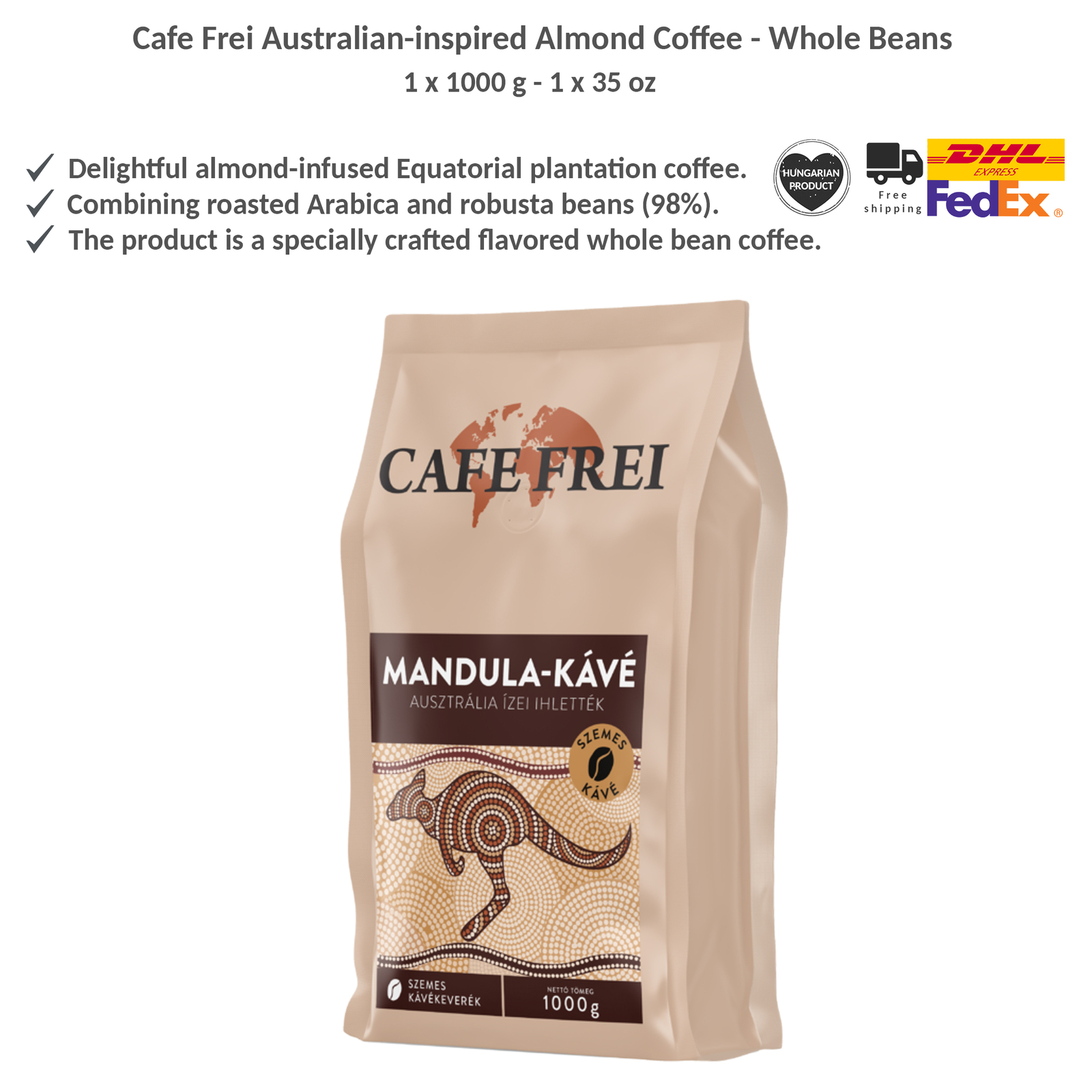 Cafe Frei Australian Almond Flavored Coffee Beans, Arabica and Robusta 1000g