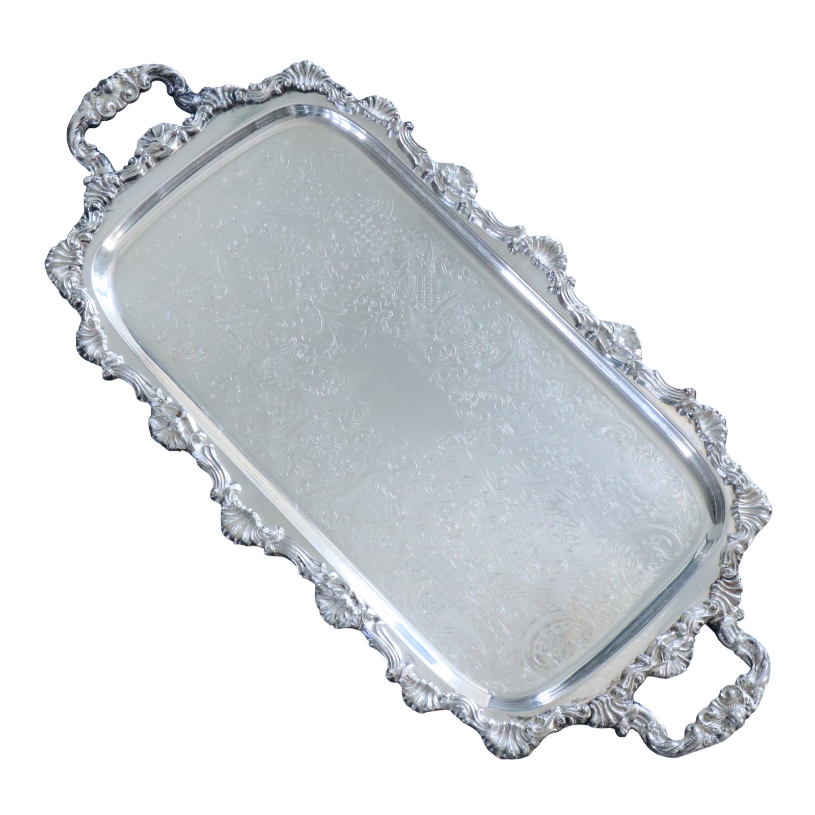Antique Silver Plated Serving Tray Rectangular Ornate Victorian Floral Rococo