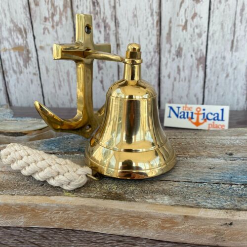 Brass Anchor Ship Bell w/ Rope Lanyard - Nautical Wall Decor - Tiki Bar