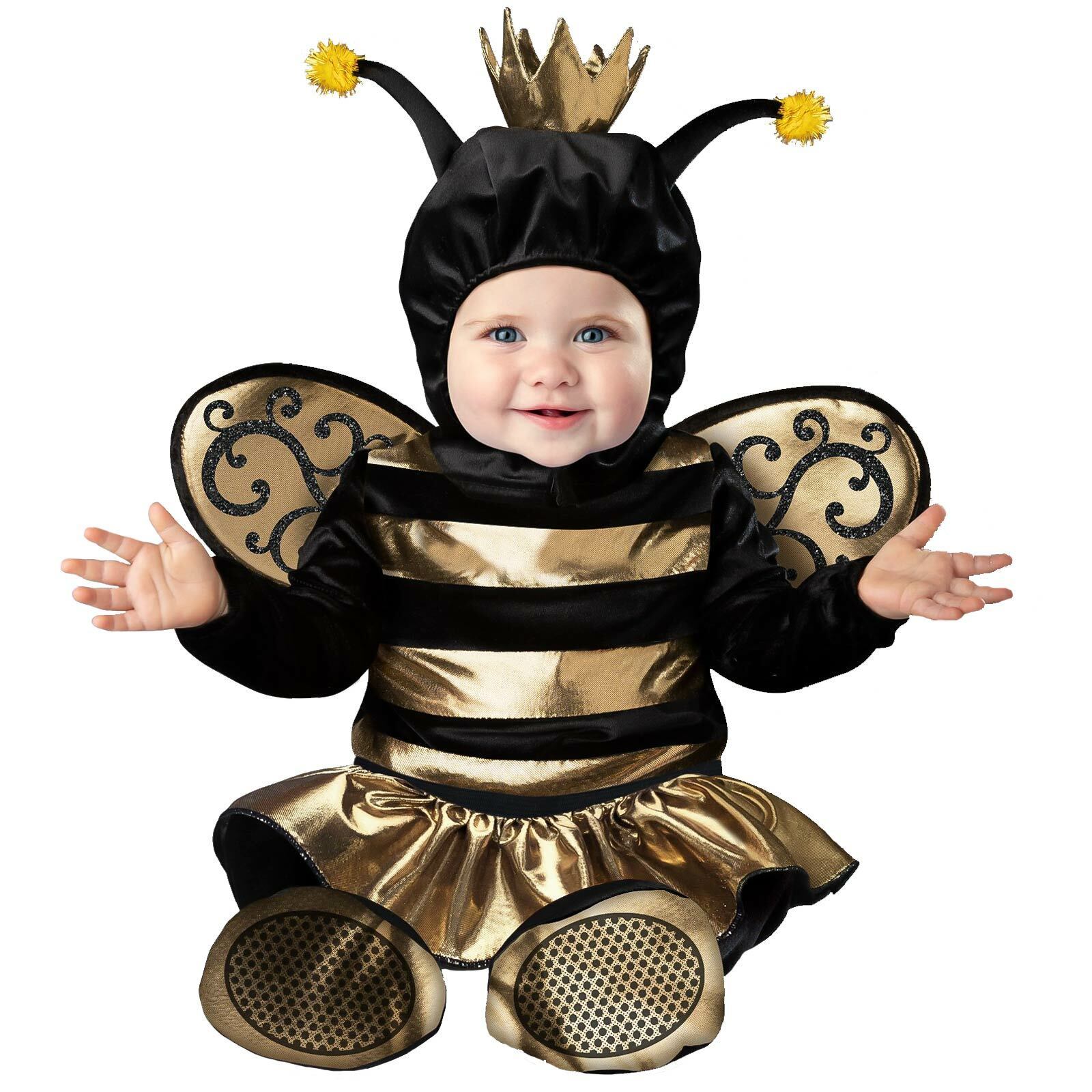 Baby Girl Gold Queen Honey Bee Halloween Costume Jumpsuit Hood Newborn 0-24M
