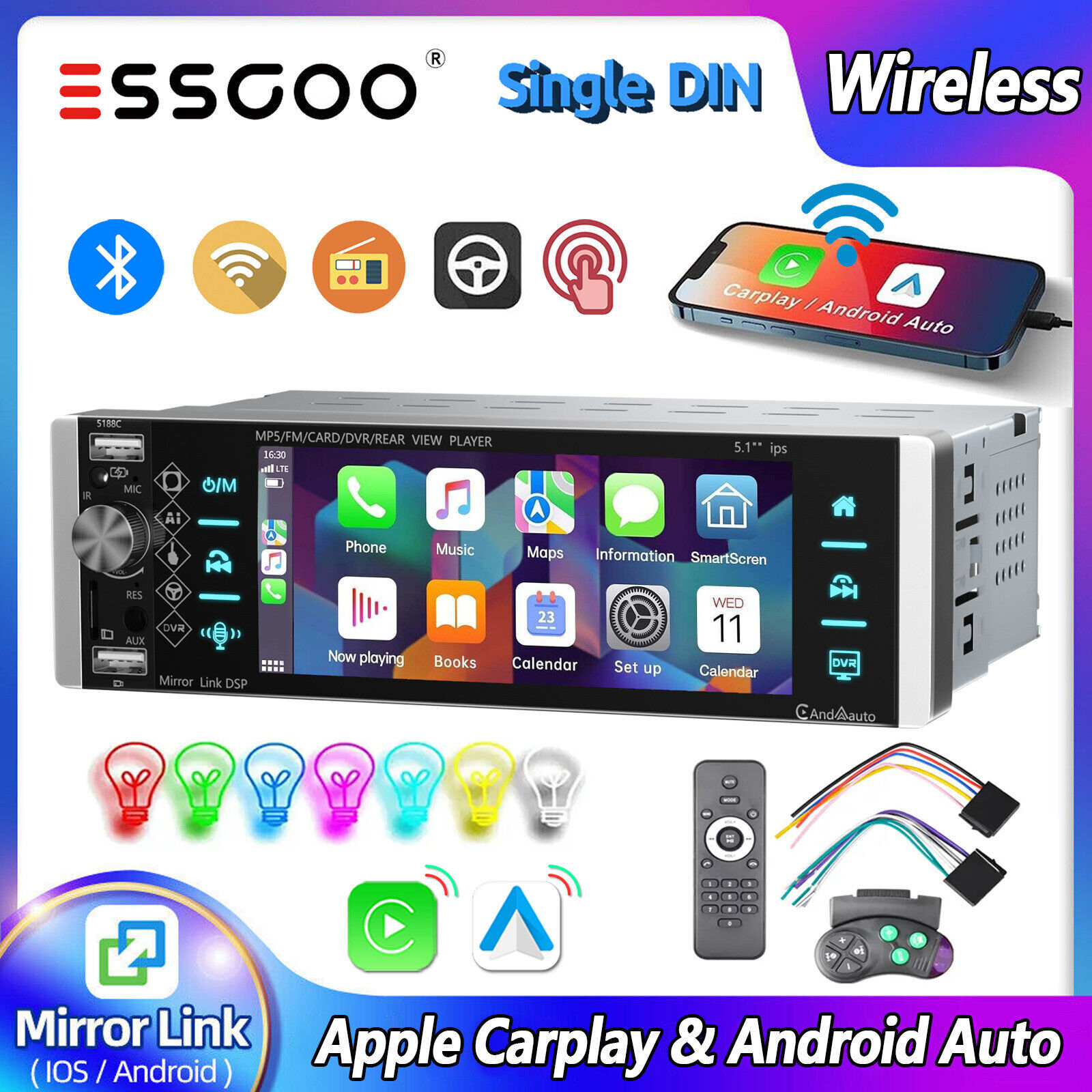 Car Stereo 1 DIN Bluetooth Wireless Carplay/Android Auto IPS Screen USB AUX SD