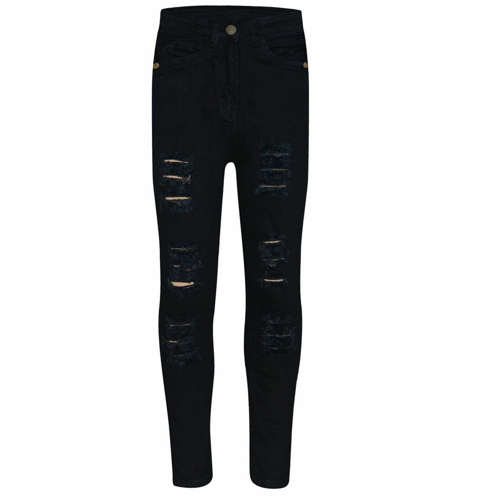 Kids Girls Jet Black Skinny Jeans Denim Ripped Fashion Stretchy Pants  Jeggings | eBay