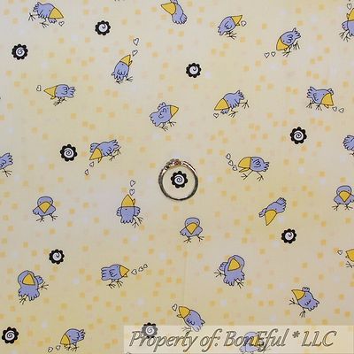 BonEful Fabric FQ Cotton Quilt Yellow Purple B&W Love Bird Egg Flower Music Sale