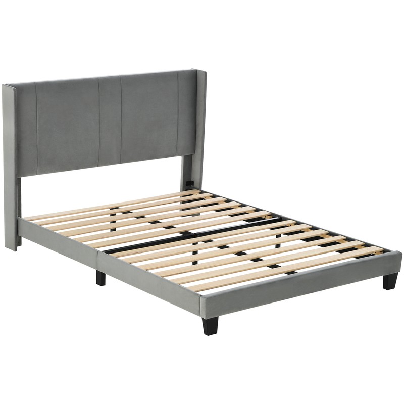 Upholstered Full Size Platform Bed with Headboard and Wingback Wood Slat Support