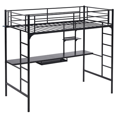 Metal Twin Size Loft Bed with Built-in Desk and Storage Shelves Bedroom