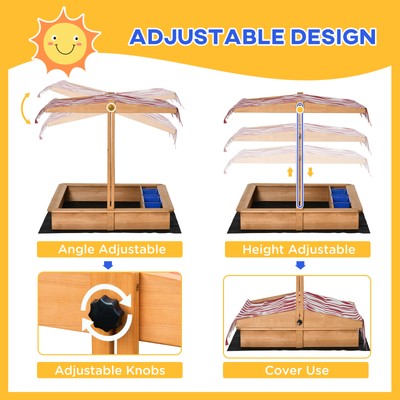Kids Sandbox with Cover w/ Adjustable Canopy Seats Plastic Basins for Backyard