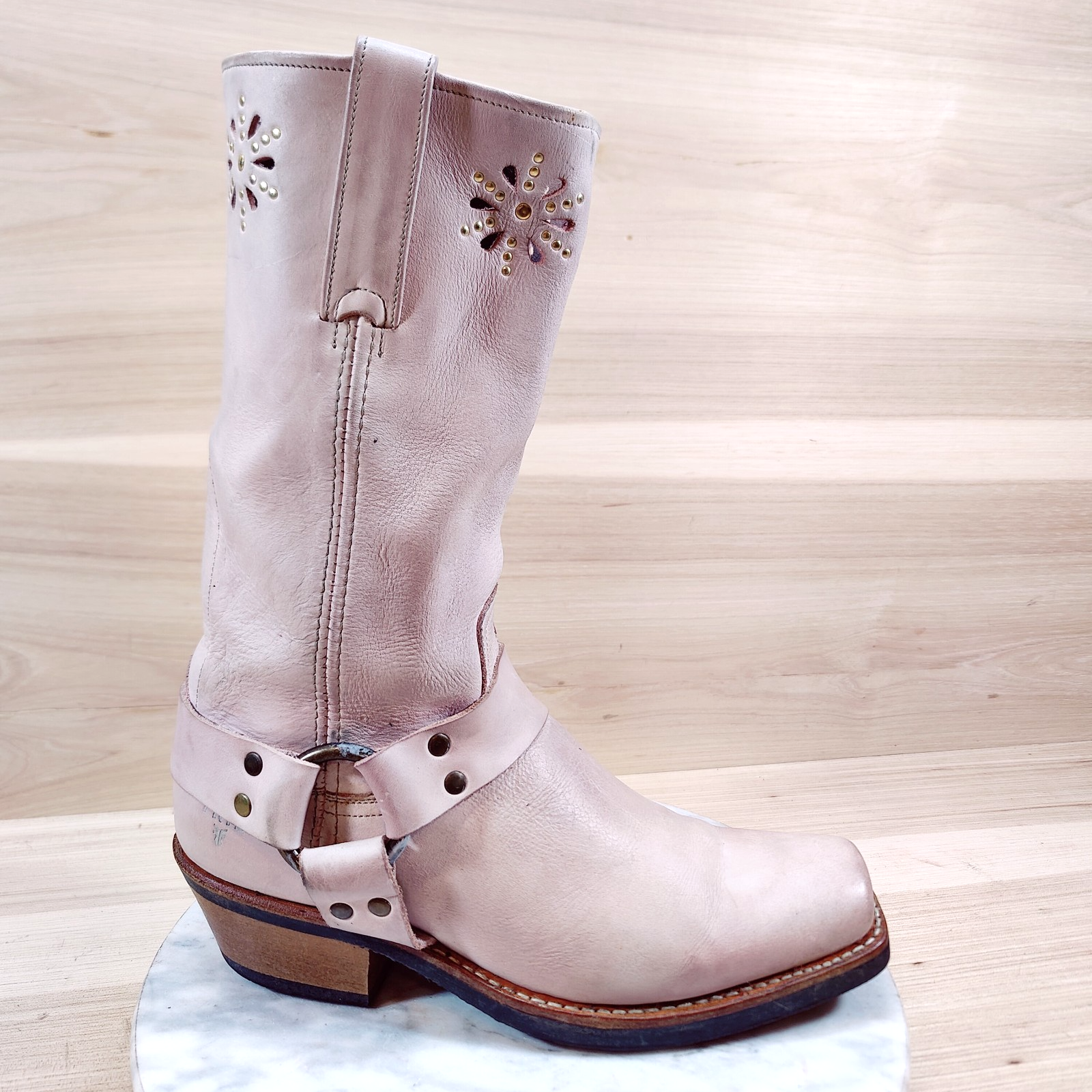 Frye Harness Flower Boots Women 9 M Pink 12R Moto Square Toe