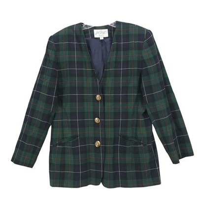 LORD & TAYLOR Vintage Blazer Green Blue Plaid Tartan Crest Buttons Size 14
