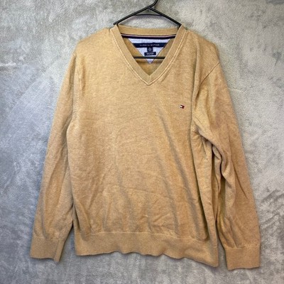 Tommy Hilfiger Mens XL Pima Cotton V-Neck Sweater Camel Tan Long Sleeve Logo