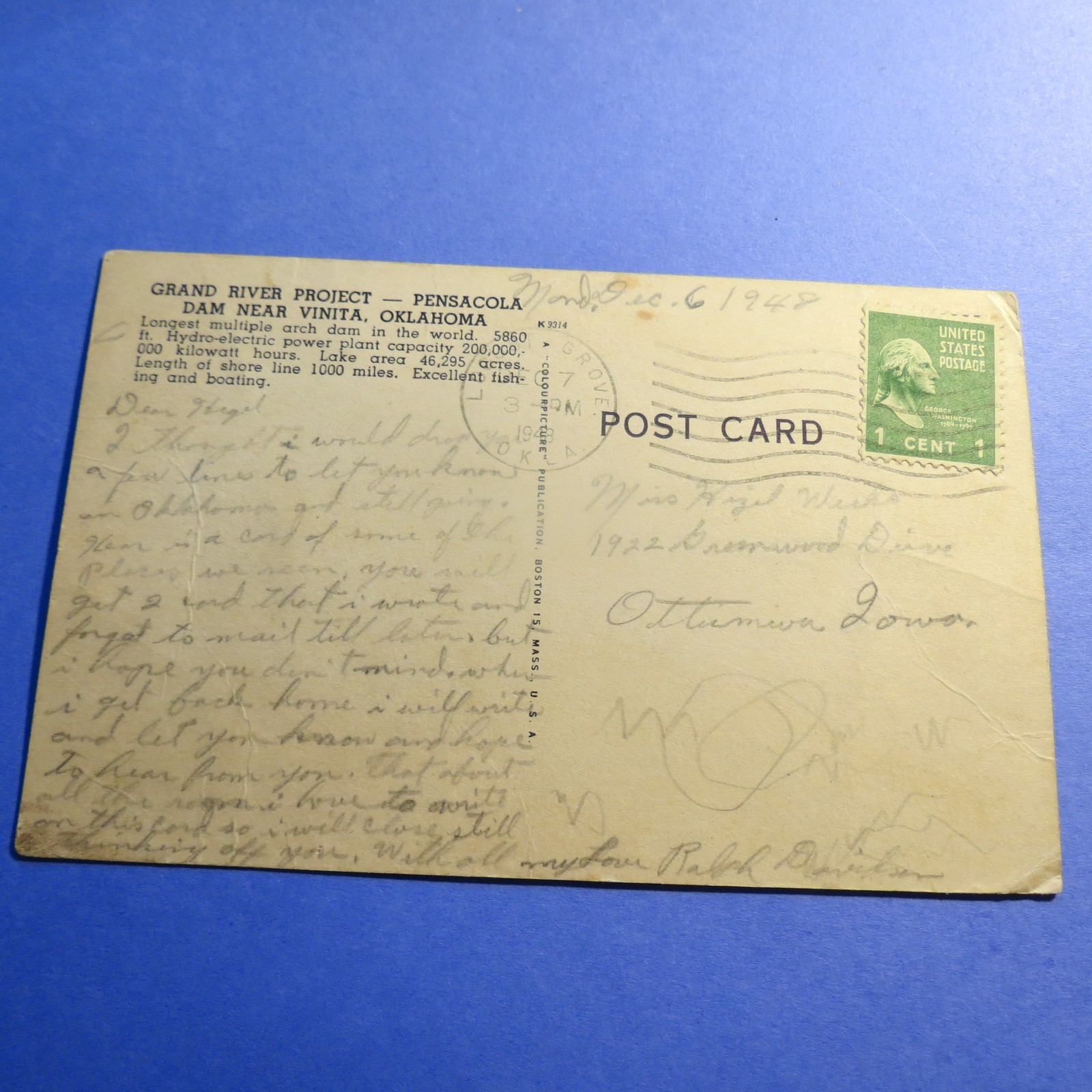 Grand River Dam Oklahoma Vintage Old  Postcard PC3469