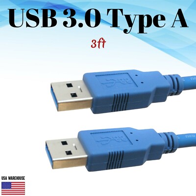 3ft USB 3.0 Type A Male to A Male Blue Cable - High Speed Data Transfer Charger