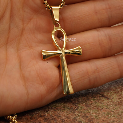 Mens Ancient Egyptian Ankh Cross Pendant Necklace Hip Hop Jewelry Chain 24'' Gift