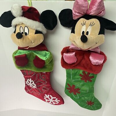 DISNEY 3D Christmas Mickey& Minnie Mouse Stockings Plush Head