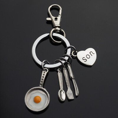 Fried Egg Skillet Spoon Knife Fork Charms Keychain Clip - Son Heart Love Gift