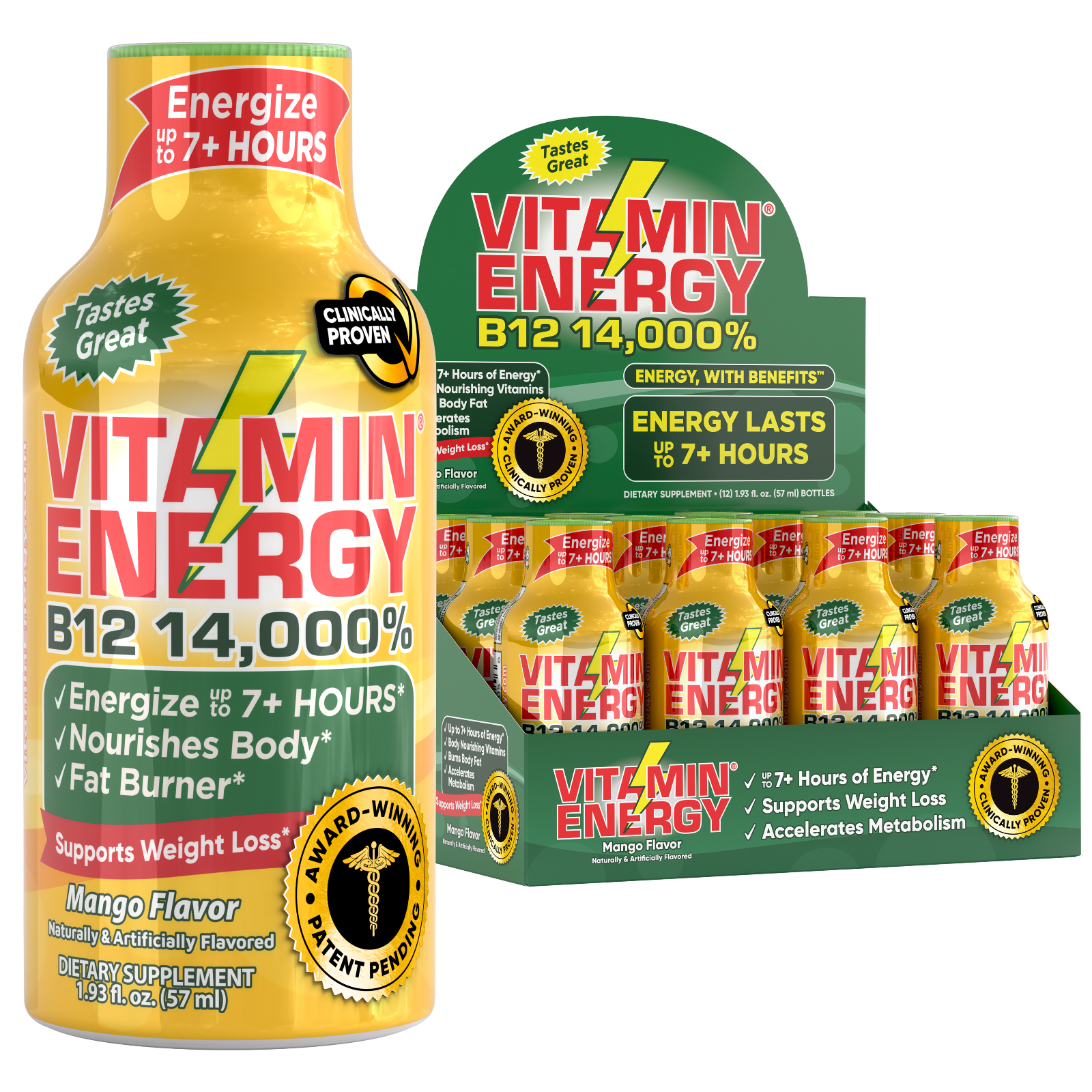 (12 Pack) Vitamin Energy® B12 14,000% Mango Energy Shots, Clinically Proven