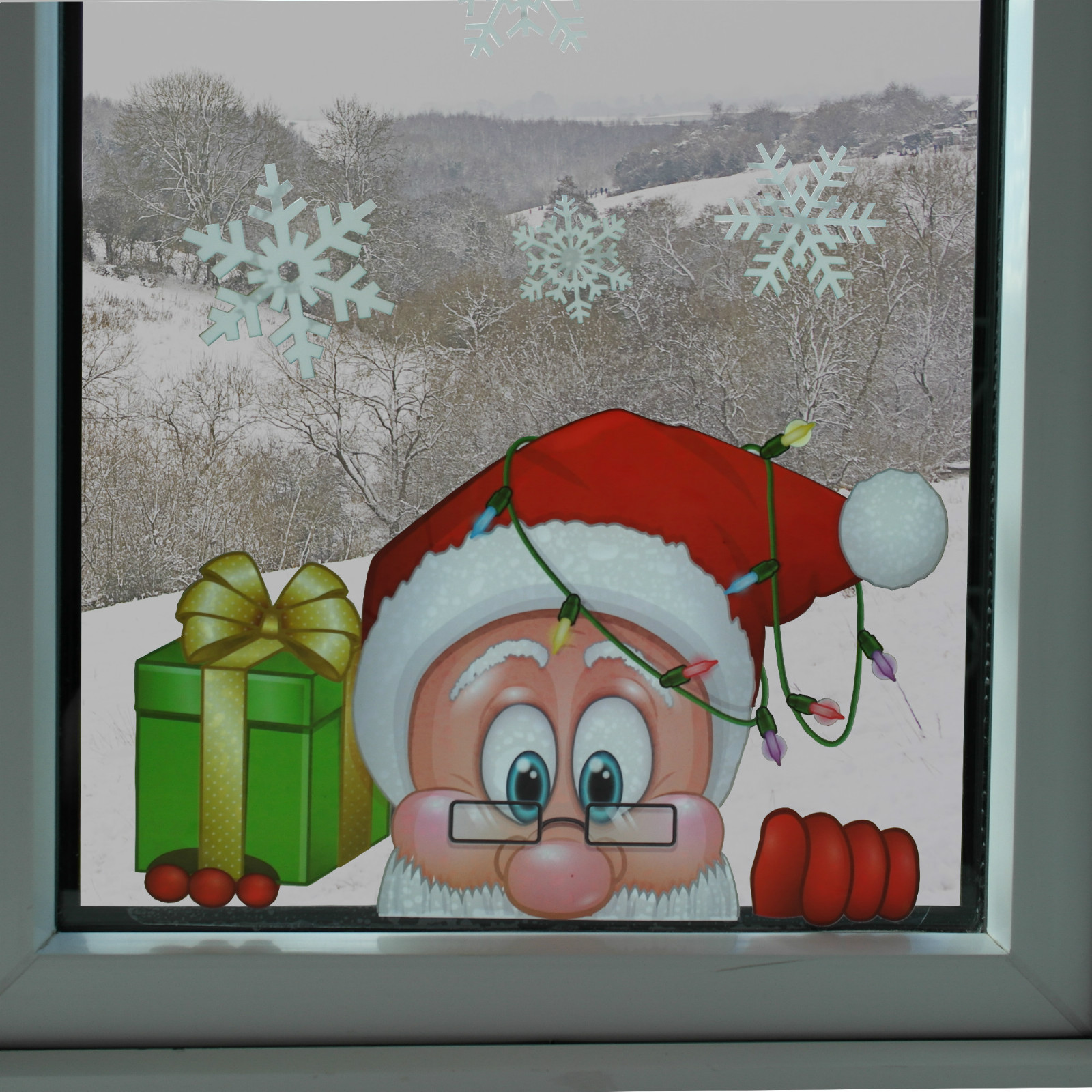 Peeking Santa & Rudolph Static Window Clings 28 Snowflakes Stickers