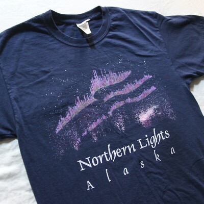Northern Lights Alaska T Shirt Aurora Borealis Nature Shiny Night Sky Tee L