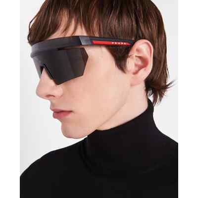 Pre-owned Prada Linea Rossa Ps 01ys 1bo06f Matte Black Dark Grey Lens Shield Sunglasses In Gray