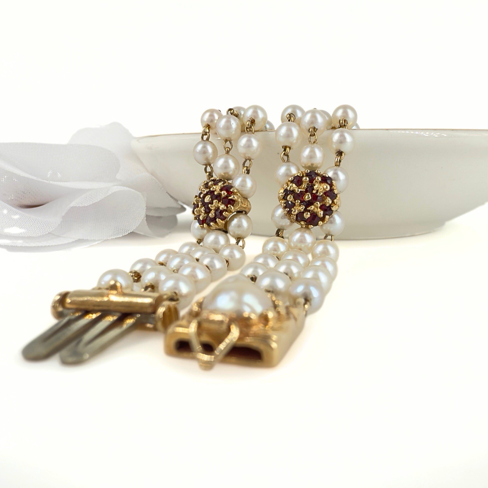 14k Gold Vintage Akoya Pearl 3-Row Bracelet & Garnet Slide Bracelet Charms - Picture 8 of 10