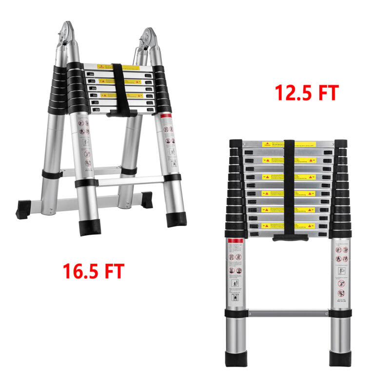 12.5/16.5Ft Aluminum Telescopic Extension Ladder Folding Step Multi-Use Non-Slip