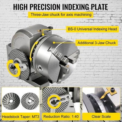 VEVOR Indexing Dividing Head 6" 3 Jaw Chuck & Tailstock for CNC Milling Machine